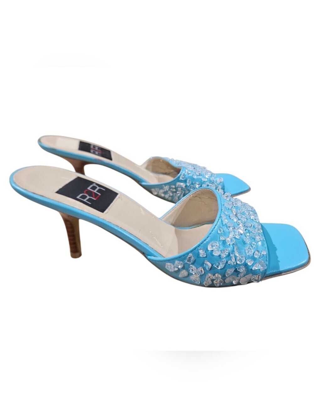 Vintage Y2K R2R Blue Crystal Embellished Leather Slide Heels Size 7M NWOT
